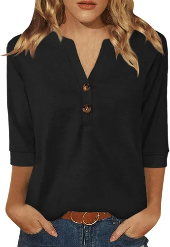 Miniatura 18 de Dimur Camisetas de manga 3/4 con cuello en V y botones para mujer, traje casual de negocios, camiseta básica de verano 2025