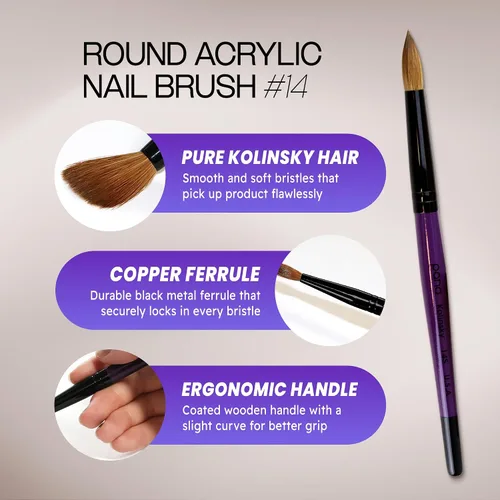 Miniatura 3 de PANA Pure Kolinsky Cepillo de uñas acrílico con mango de madera - forma redonda Púrpura