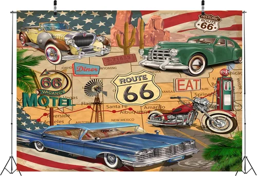 Miniatura 4 de BELECO Telón de fondo de tela de 7 x 5 pies con temática de Ruta 66 con temática de cómic, mapa de ruta retro, motel, motocicleta, autos clásicos