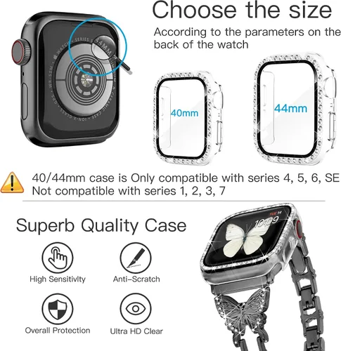 Miniatura 3 de Correa de mariposa compatible con Apple Watch Band de 1.575 pulgadas con funda para iWatch Series 6, SE, 5, 4, bonitas correas de joyería de metal