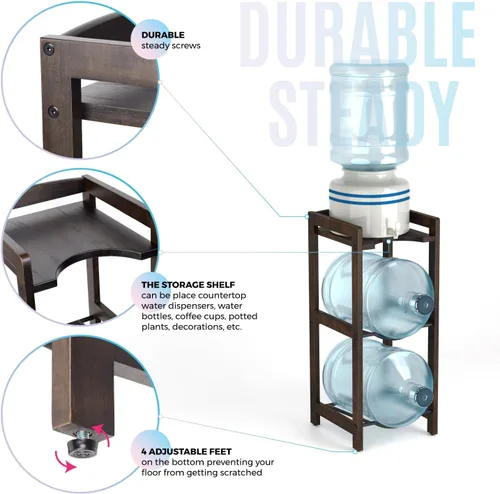 Miniatura 3 de Soporte para jarra de agua de 5 galones con estantes superiores, soporte dispensador de agua de madera maciza natural de 31 pulgadas de alto