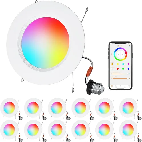 Luces LED que cambian de color, paquete de 12 luces LED empotradas de 5/6 pulgadas, 13 W, 1050 lm, luces empotradas inteligentes, compatibles con