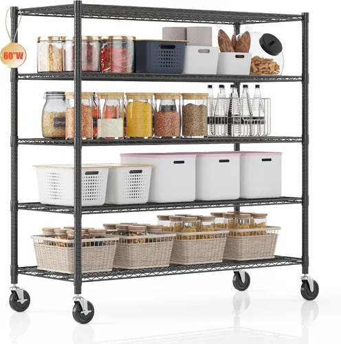 Miniatura 15 de Homdox Estantes de almacenamiento de 60"W, estantería de alambre resistente de 4 niveles con ruedas, 2400LBS estantes de metal ajustables Negro