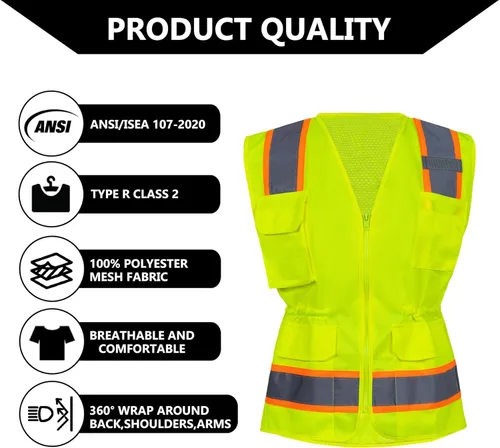 Miniatura 5 de FONIRRA Hi Vis - Chaleco de seguridad para mujer, reflectante, ANSI Clase 2, alta visibilidad, trabajo, construcción, manga corta Chaleco amarillo