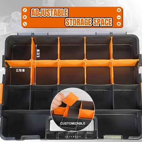 Miniatura 3 de Jack Boss Caja de herramientas con tapa transparente, caja organizadora de 17 compartimentos de un solo lado con divisores extraíbles para herrajes