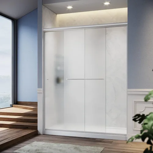 Miniatura 9 de SUNNY SHOWER Puerta deslizante para ducha con medio marco, 1/4"(6mm) de vidrio, acabado de níquel cepillado, puerta de baño deslizante, 48 pulgadas