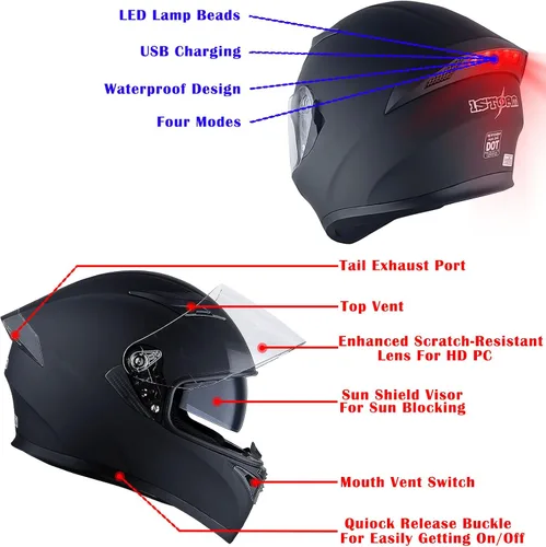 Miniatura 2 de 1Storm Casco de motocicleta para bicicleta de calle con doble visera/visera solar, casco completo con luz trasera LED: Negro mate Z LED negro mate
