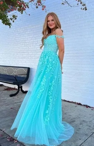 Miniatura 2 de YUAOHUANG Vestidos de graduación con apliques de encaje y tul para mujer 2025, vestido de baile con tirantes delgados, vestido de noche formal
