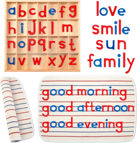 Letras Montessori Letras móviles de madera con caja y tapete grande, letras pequeñas del alfabeto de madera, bandejas Montessori, ortografía