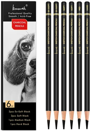Brusarth Juego de 6 lápices de carbón profesionales para dibujo, lápices de carbón suaves medianos y duros para dibujar, bocetar, sombrear