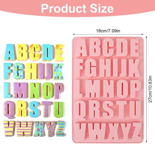Miniatura 2 de Moldes de letras de silicona rosa, molde del alfabeto de 26 cavidades para chocolate, moldes de chocolate A-Z letras para pasteles, cubitos