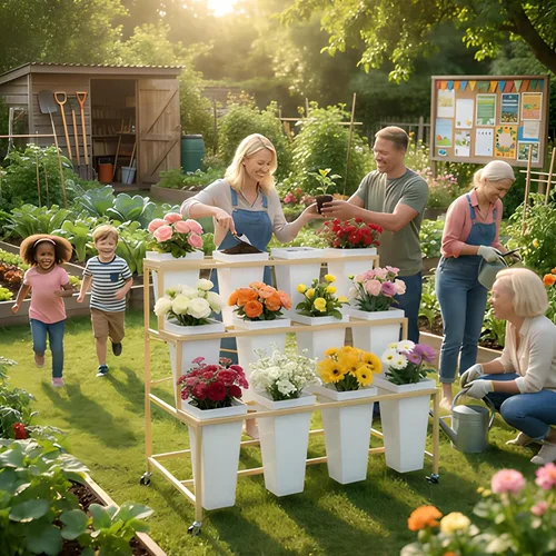 Miniatura 2 de Soporte de exhibición de flores de 3 niveles, soporte móvil de metal para plantas con 12 cubos, carrito de flores con ruedas, adecuado para G