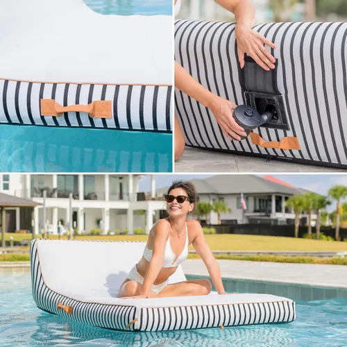 Miniatura 5 de Big Joe Lux Chaise - Flotador inflable prémium para piscina, rayas azul marino y marfil, malla de primera calidad, mezcla de poliéster duradera