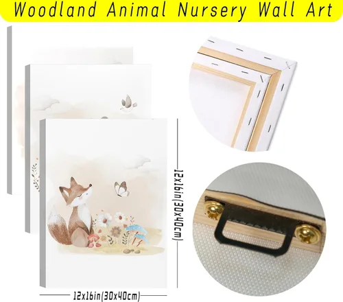 Miniatura 6 de MIZILI Lienzo de animales del bosque para cuarto de bebé, arte de pared, pinturas de animales salvajes, acuarela, decoración de pared, oso zorro