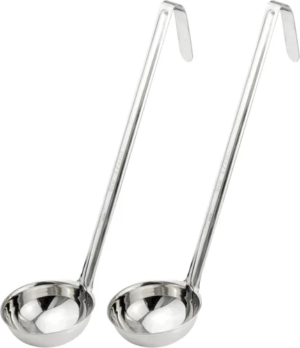 Fit Meal Prep [Paquete de 2] Cucharón de sopa de acero inoxidable – Espátula de salsa de una pieza con asas de gancho, cuchara de servir de grado