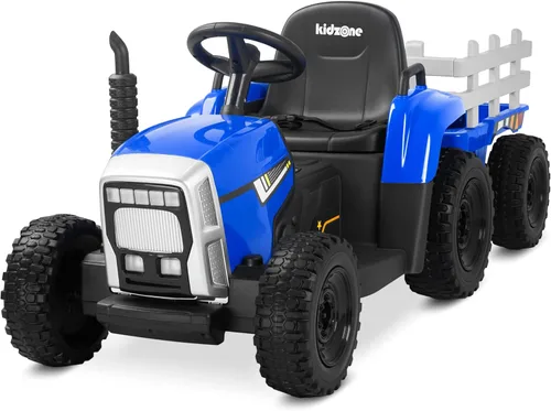 Miniatura 9 de Kidzone - Versión premium de 12 V 7 AH con neumáticos de goma EVA con motores duales de 35 W, tractor eléctrico alimentado con remolque, juguete