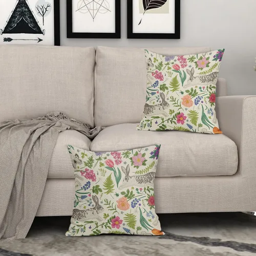 Miniatura 3 de Juego de 2 fundas de almohada de primavera de 16 x 16 pulgadas, diseño de conejo, flores rosas, hojas verdes salvia, plantas botánicas vintage