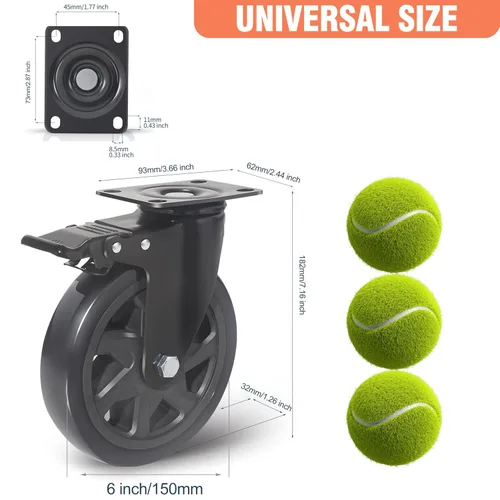 Miniatura 2 de Ruedas giratorias de 6 pulgadas, juego de 4 ruedas, ruedas resistentes con freno de 3000 libras, ruedas giratorias con placa superior, ruedas