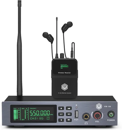 W IN-MIX EM100 UHF Sistema de monitor intrauditivo inalámbrico - 1 canal con 1 sistema IEM mono bodypack, tecnología PLL, rango de 300 pies,