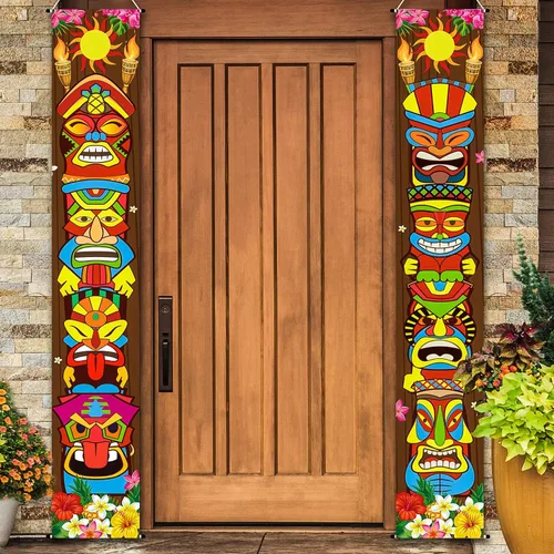 Frienda Decoraciones de fiesta de Tiki hawaiano Luau suministros de decoración de fiesta Tiki Banner Totem Letrero de puerta para Hawai Tropical