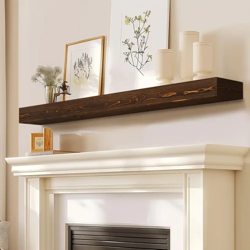 Miniatura 22 de Repisa de chimenea de 48 pulgadas, madera maciza rústica hecha a mano de 3 pulgadas de grosor, estante flotante largo de pared con soporte de metal