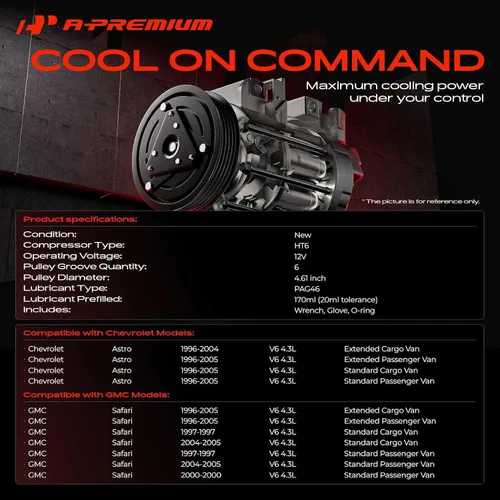 Miniatura 2 de A-Premium Compresor de A/C con embrague compatible con Chevrolet Astro 4.3L 1996-2005, GMC Safari 4.3L 1996-2005