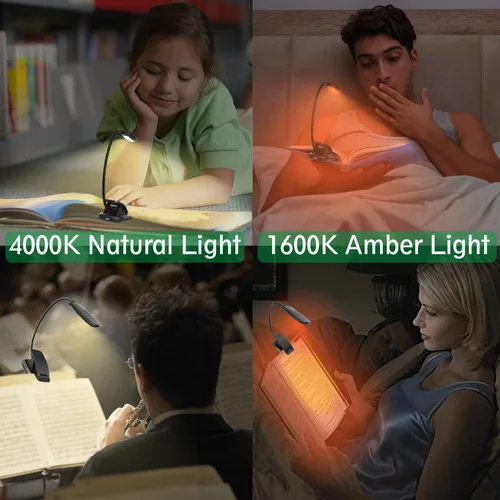 Miniatura 6 de BIGMONAT Luz LED de lectura de libros, luz nocturna de libro ámbar recargable, cuello flexible portátil, USB, brillo ajustable, reduce la fatiga 1