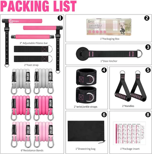 Miniatura 7 de Kit de barra de pilates Bbtops con bandas de resistencia, barra de pilates con bandas apilables, equipo de entrenamiento para piernas, cadera, Rosa