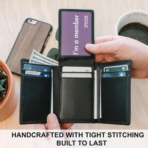Miniatura 3 de STAY FINE Billetera de cuero RFID triple para hombre con identificación abatible, soporte delgado para tarjetas de capacidad extra, listo