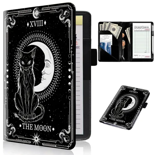 Libros para servidor con bolsillo con cremallera - Cuaderno de camarera con cartas de tarot de la luna felina, brujería, organizador de cuero para