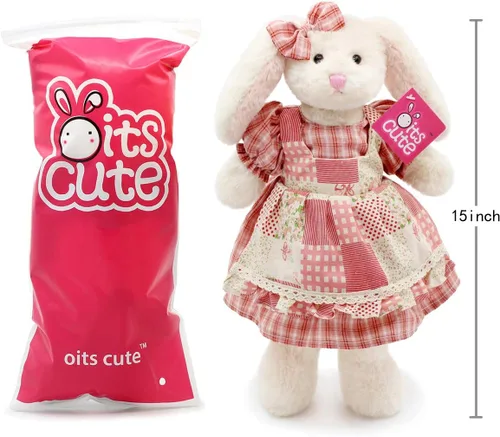 Miniatura 6 de Oitscute Pequeño y suave conejo de peluche blanco con vestido de cuadros rojos, juguete de 38 cm para bebés y niñas Conejo blanco con vestido rojo a