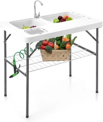 Goplus Mesa plegable de limpieza de peces de 40 pulgadas con dos cuencas de agua, manguera de drenaje de grifo y rociador, mesa portátil para