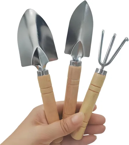 Miniatura 7 de Juego de 3 mini herramientas de jardín, palas pequeñas y rastrillo de mano con mango de madera maciza, herramientas de jardinería
