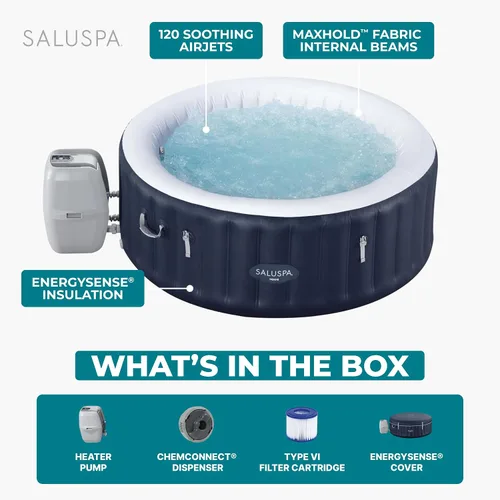 Miniatura 4 de Bestway SaluSpa Miami - Bañera de hidromasaje inflable para 2 a 4 personas, spa portátil de bajo consumo redondo para exteriores con 120 AirJets, 71