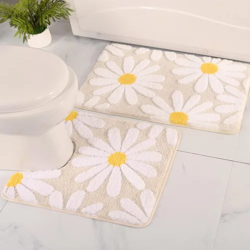 Miniatura 8 de QJHOMO Alfombras de inodoro en forma de U, linda alfombra de baño con contorno de margarita beige 20"x20", alfombra extra gruesa y suave