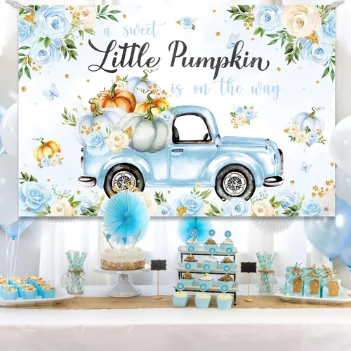 Miniatura 4 de Fondo de decoración de baby shower con diseño de calabaza pequeña para niño, A Sweet Little Pumpkin is On The Way Fall Blue Floral Truck Fotografía
