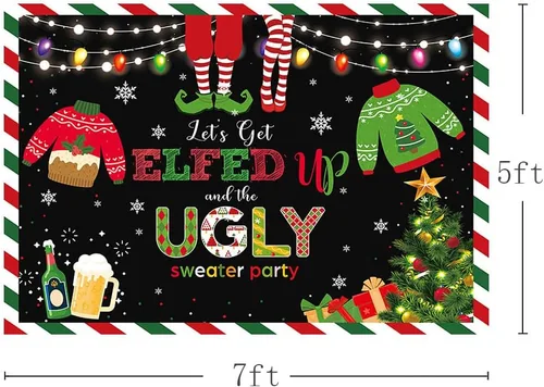 Miniatura 3 de MEHOFOND Telón de fondo de Feliz Navidad de 7 x 5 pies con texto en inglés "Let's Get Elfed up and The Ugly Sweater Party Fotografía", rojo y verde
