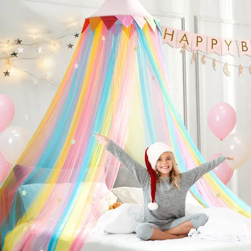 Miniatura 5 de LOAOL Toldo de cama para niños – Cortinas de cama con toldo de sueño de hadas con red colgante de color arcoíris, cúpula redonda rosa con bandera