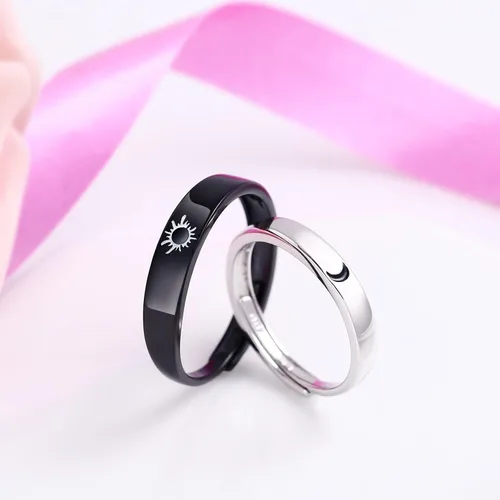 Miniatura 2 de Beydodo Anillos de plata 925 personalizados ajustables con sol y luna a juego grabados I LOVE YOU Anillos para parejas Anillos de boda