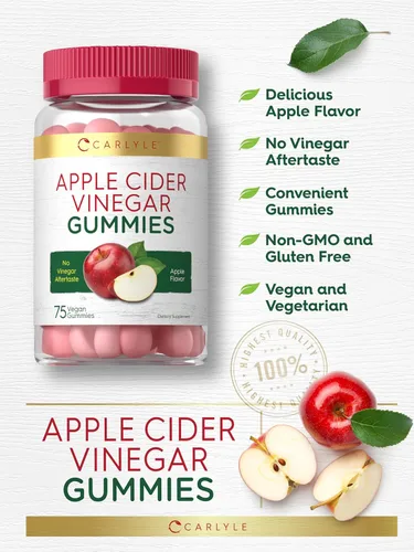 Miniatura 4 de Carlyle Gomitas veganas de vinagre de sidra de manzana, 75 unidades, sabor a manzana, sin OMG, sin gluten, suplemento ACV