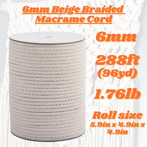 Miniatura 2 de Cordón de macramé trenzado de 6 mm x 96 yardas, color beige, cuerda de algodón natural no blanqueada, cuerda trenzada para manualidades, cuerda