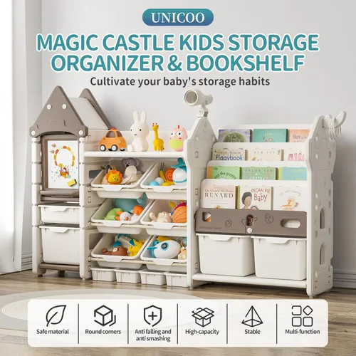 Miniatura 4 de UNICOO Organizador de almacenamiento de juguetes para niños con estantería, organizador de sala de juegos de 14 cubos y estantería, estante de Marrón
