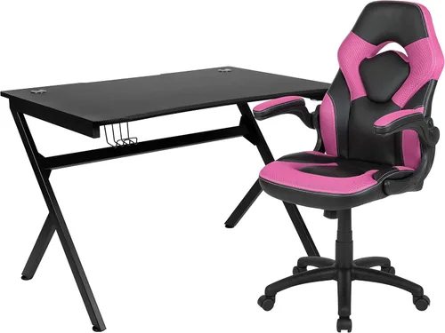 Miniatura 48 de Flash Furniture Juego de escritorio para juegos negro y silla de carreras blanco/negro con soporte para tazas, gancho para auriculares y soporte