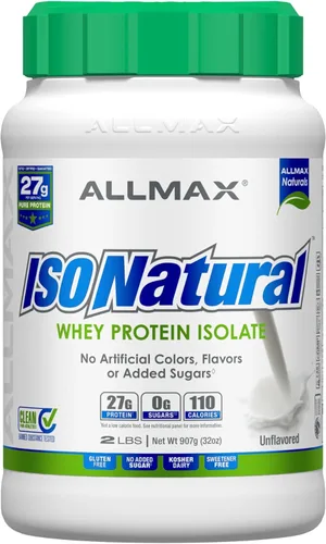 ALLMAX ISONATURAL aislado de proteína de suero de leche, sin sabor, 2 libras, 0.95 oz de proteína por cucharada, cero grasa y azúcar, 99% libre de