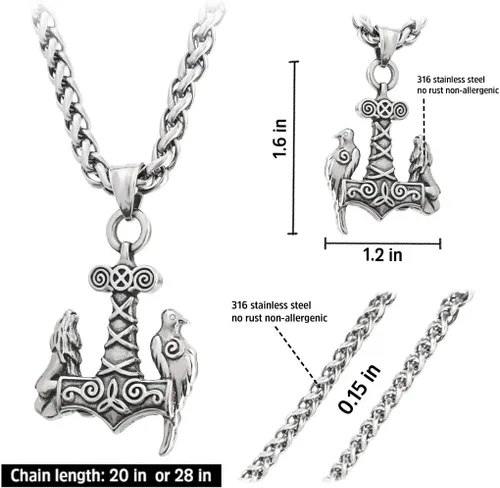 Miniatura 4 de Bavipower Raven vikingo Odin Thor Hammer Mjolnir colgante de acero inoxidable nórdico pagano joyería potente amuleto de protección para hombres
