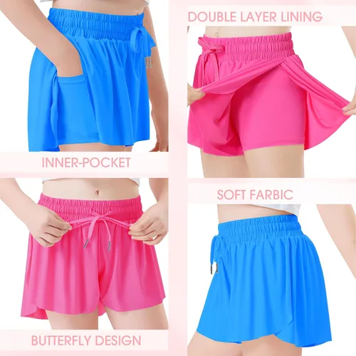 Miniatura 3 de QooNoo Girls Butterfly Shorts with Pocket Flowy Athletic Shorts High Waist Preppy Running Shorts for Kids Teen