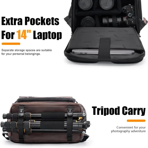 Miniatura 4 de Cwatcun Canvas Camera Backpack, DSLR SLR Camera Bags for Photographers with Waterproof Rain Cover, Camera Case with Laptop Compartment & Tripod