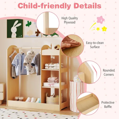 Miniatura 4 de Costzon Almacenamiento de disfraces para niños con espejo, perchero, estantes de 3 niveles, bandeja inferior, centro organizador de disfraces