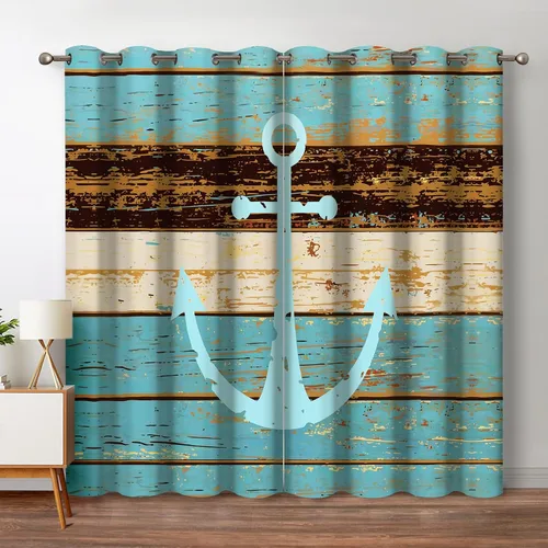 Jekeno - Cortinas opacas náuticas con ancla, ancla náutica en tabla de madera vintage, para el hogar, dormitorio, sala de estar, cortinas de ventana