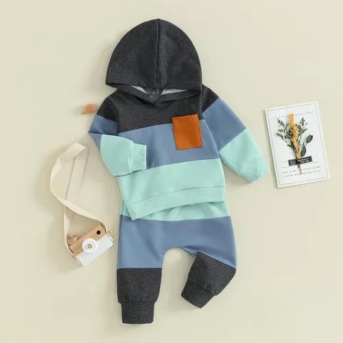 Miniatura 2 de Conjunto de pantalones para bebés y niños, sudadera larga con capucha y bloques de color, conjunto de ropa para otoño e invierno